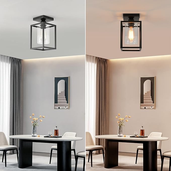 3 Pack Farmhouse Semi Flush Mount Ceiling Lights Black Metal Frame with Clear Glass