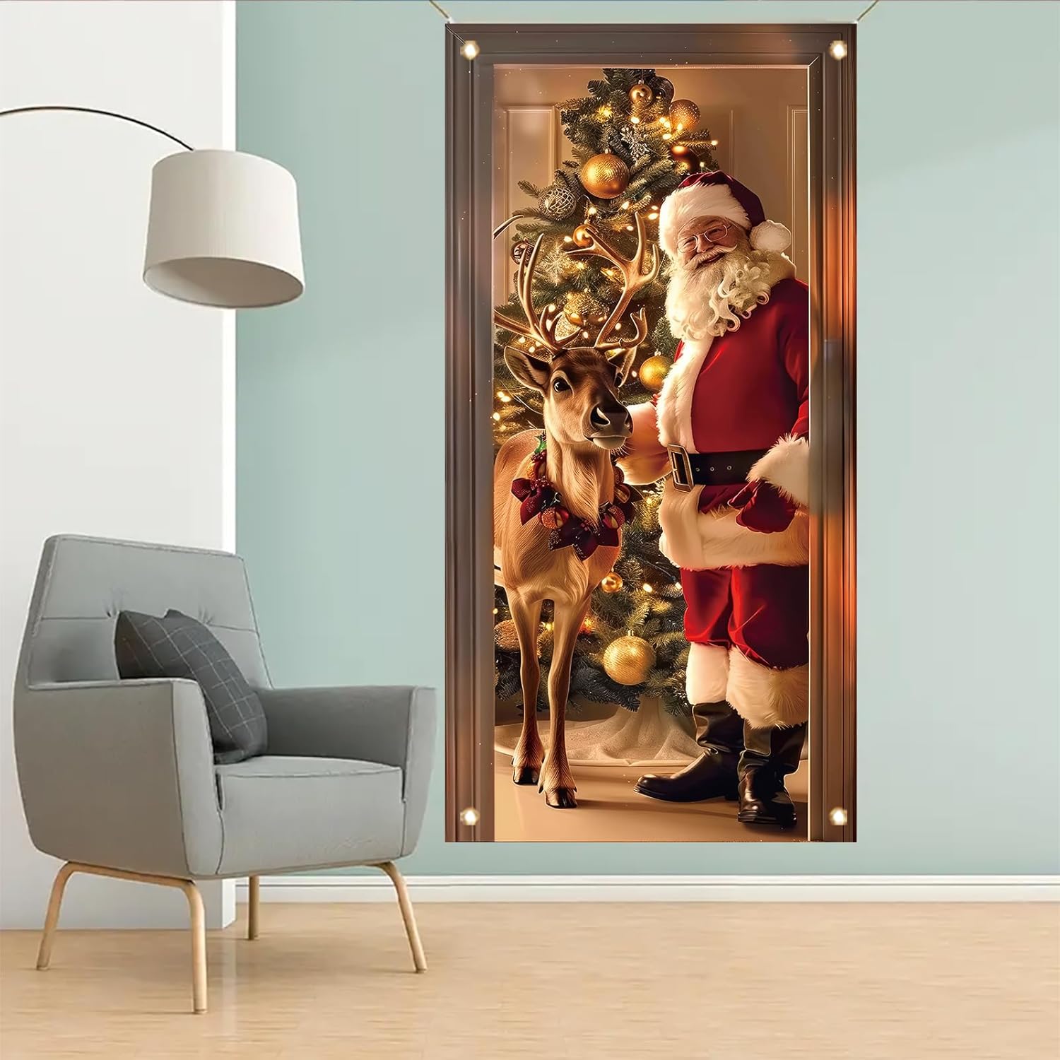 Christmas Door Cover Santa And Reindeer Banner 71 X 35 Inch Gold Ornament Tree Backdrop Holiday Decoration For Front Door Winter Party Wall Hanging Merry Xmas Entryway Photo Prop