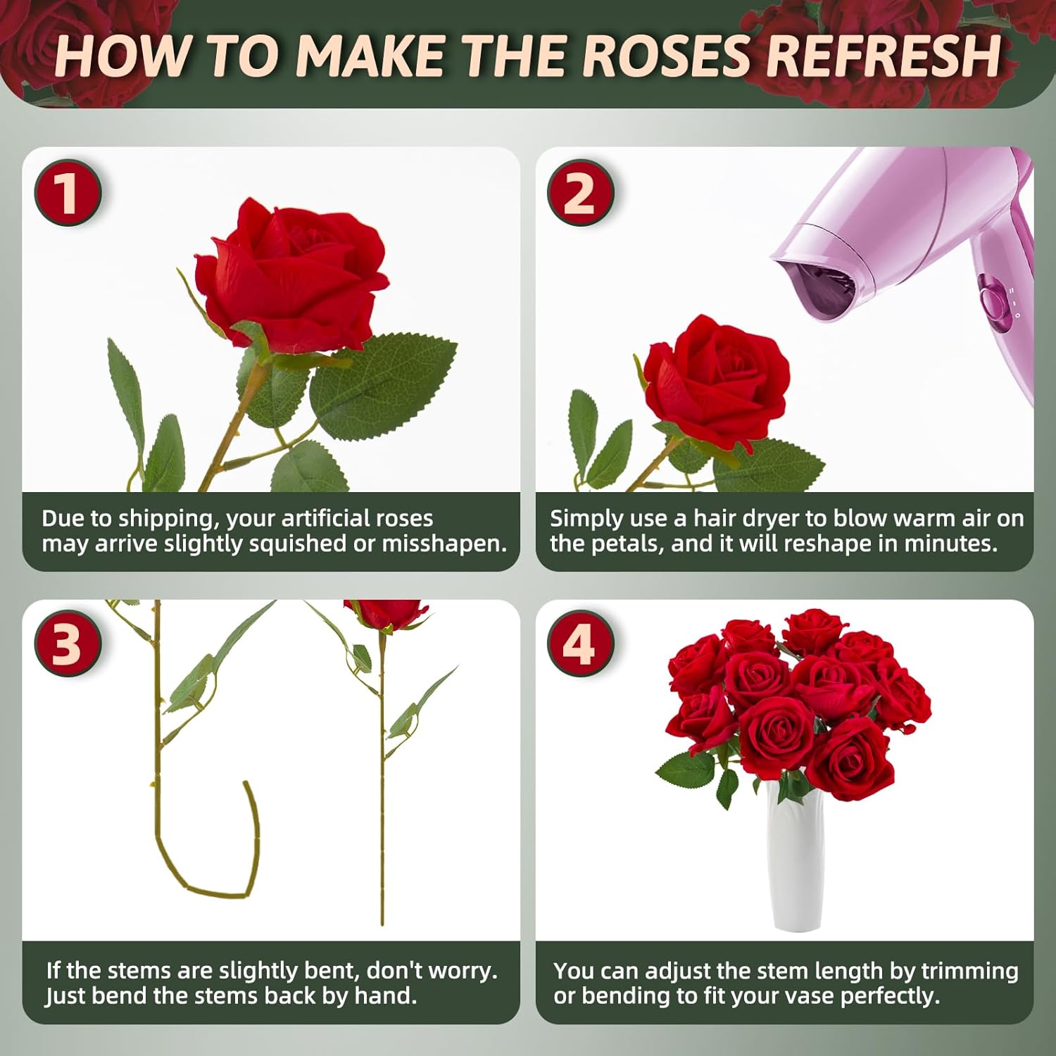 Red Roses Artificial Flowers 50 Pack In Bulk, Fake Roses Flowers Realistic Roses For Wedding Home Party Decoration Event Gift (Red)