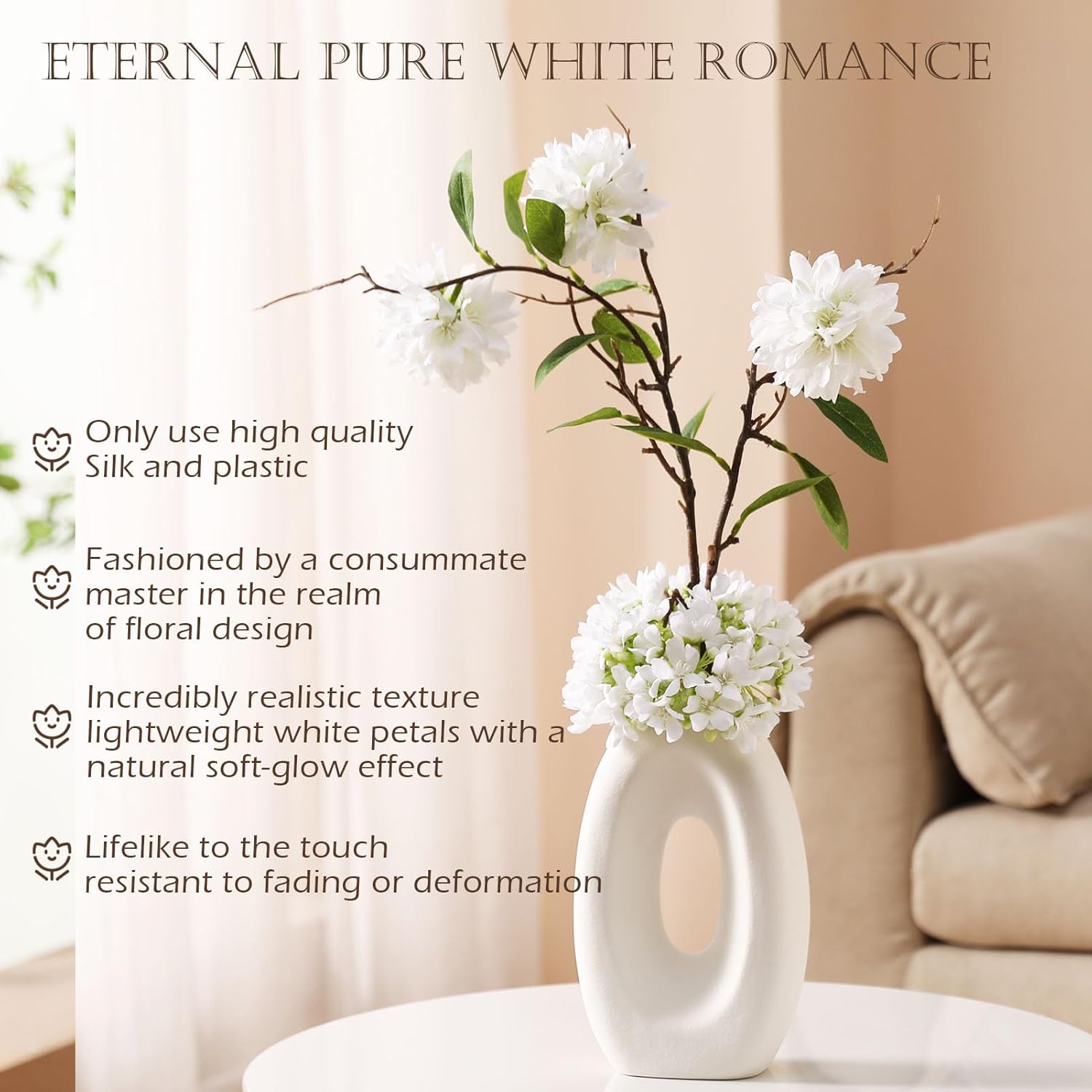 Fake Flower Bouquet And Vase Set, Faux Flower Arrangement For Decorating Living Room And Offices, Realistic Artificial Flowers Made Of Silk & Plastic, Floral Decoration With White Blossoms