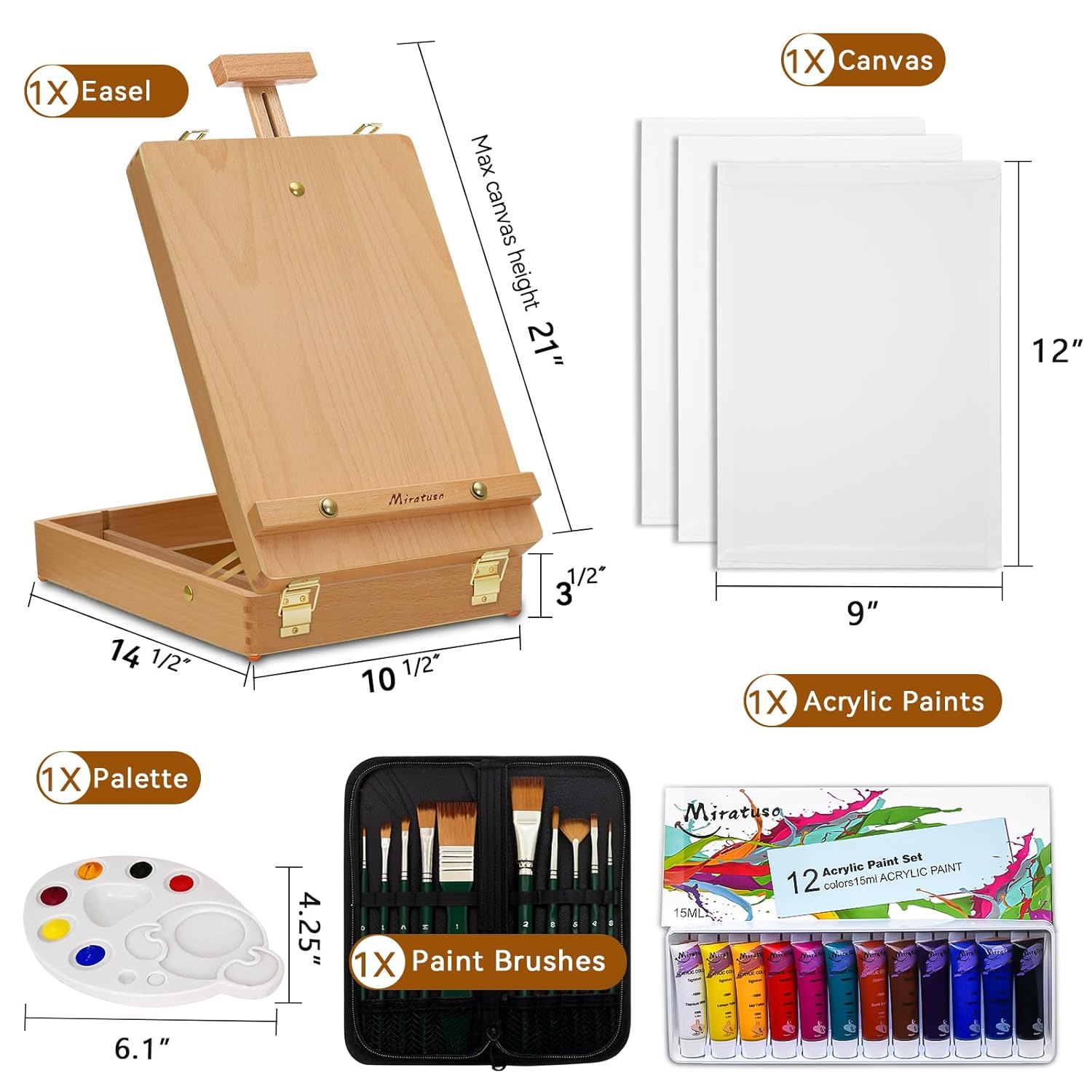 Deluxe Art Supplies 27 Pieces Art Set With Tabletop Easel, 12 Colors Acrylic Paint, 10 Paint Brushes, 3 Canvas Panels, Palettes