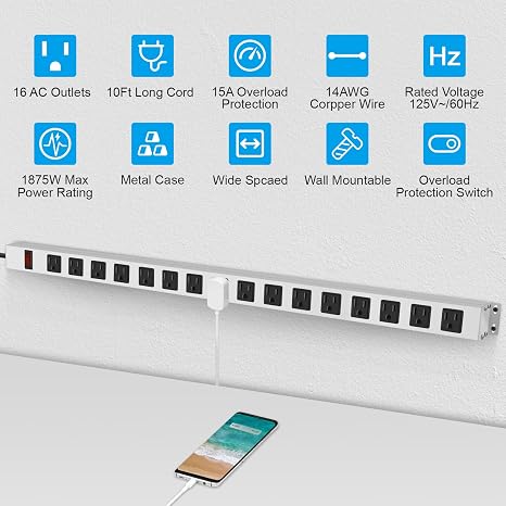 16 Outlet Metal Surge Protector Power Strip 10FT Cord Wide Spaced White