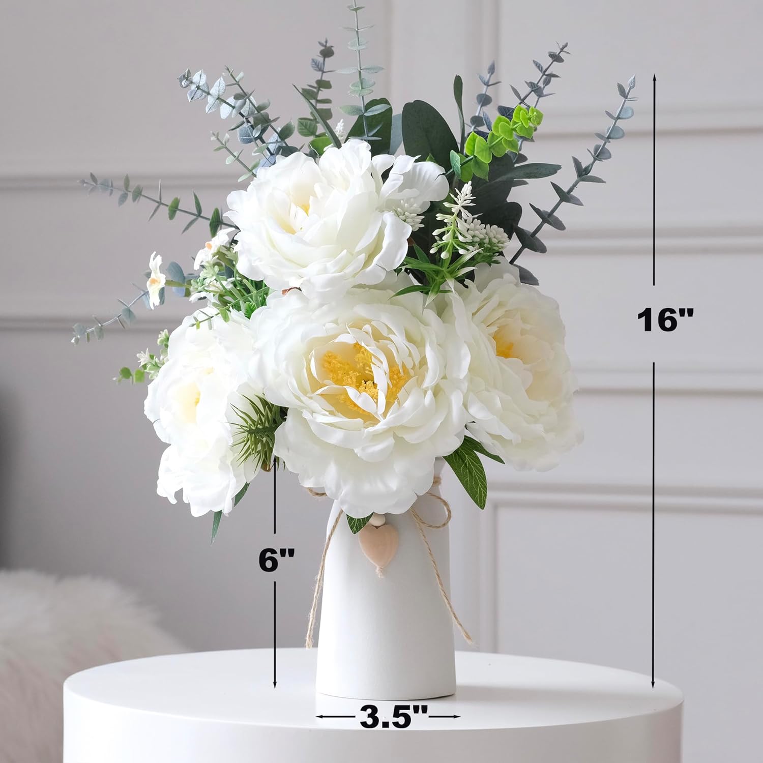 Artificial Peony Flower Arrangement In Vase, 16" Faux Flowers With Eucalyptus Stems And Decorative Leaves, White Ceramic Vase With Jute Rope & Heart Charm, Table Centerpiece For Farmhouse Decor
