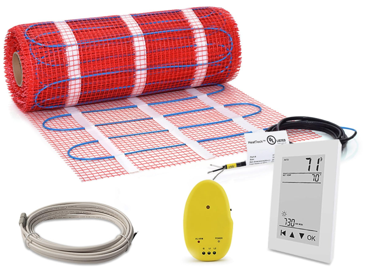 15 Sqft Electric Floor Heating Mat Kit With Programmable Gfci Thermostat - Radiant Underfloor Heating System For Ceramic Tile, Stone - Sticky Mesh Heating Mat, Energy-Efficient Heated Bathroom Floor