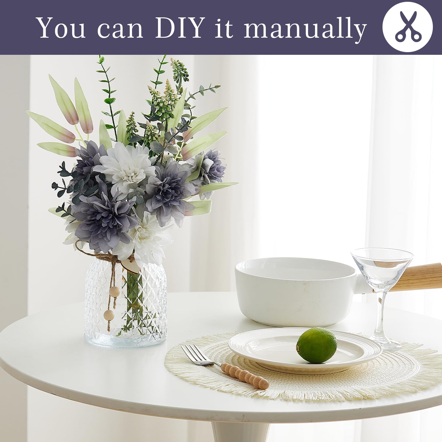 Fake Flowers With Vase, Faux Flowers In Vase, Blue White Silk Dahlia Artificial Flowers Bulk Arrangements For Home Decor For Living Room Bathroom Office Table Centerpiece Shelf Decoration