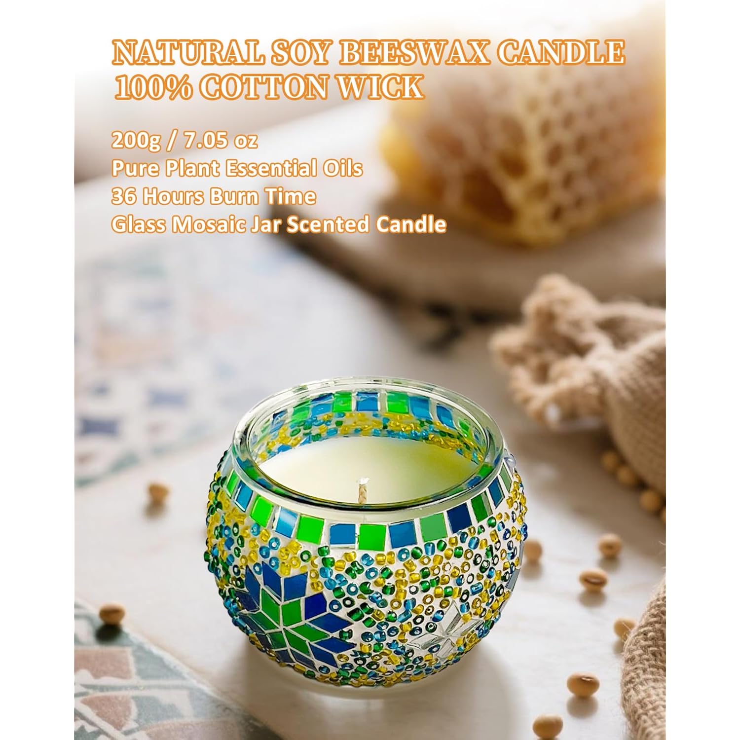 Medium Glass Mosaic Jar Scented Candle, Handmade Pear & Freesia Soy Wax Beeswax Candle For Women Men,Home Décor, Home Spas Sessions, Gifting Idea, Burn Time Of 36 Hours