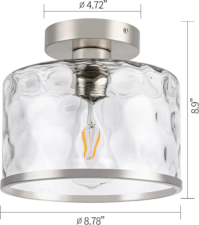 Satin Nickel Semi Flush Ceiling Light with Hammered Glass Farmhouse Fixture