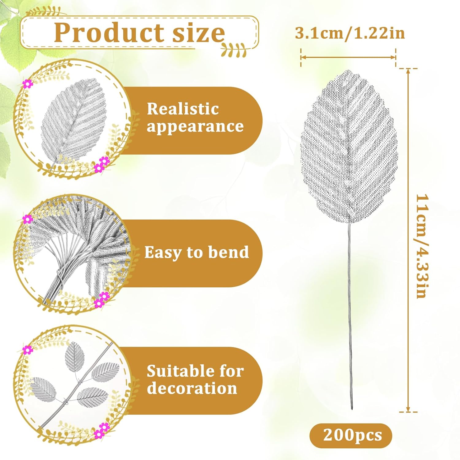 200 Pcs Silver Leaves For Crafts, Artificial Silk Faux Rose Leaves Single Leaf Wire Crafts Leaf For Diy Wreaths Flower Bouquet Wedding Decor