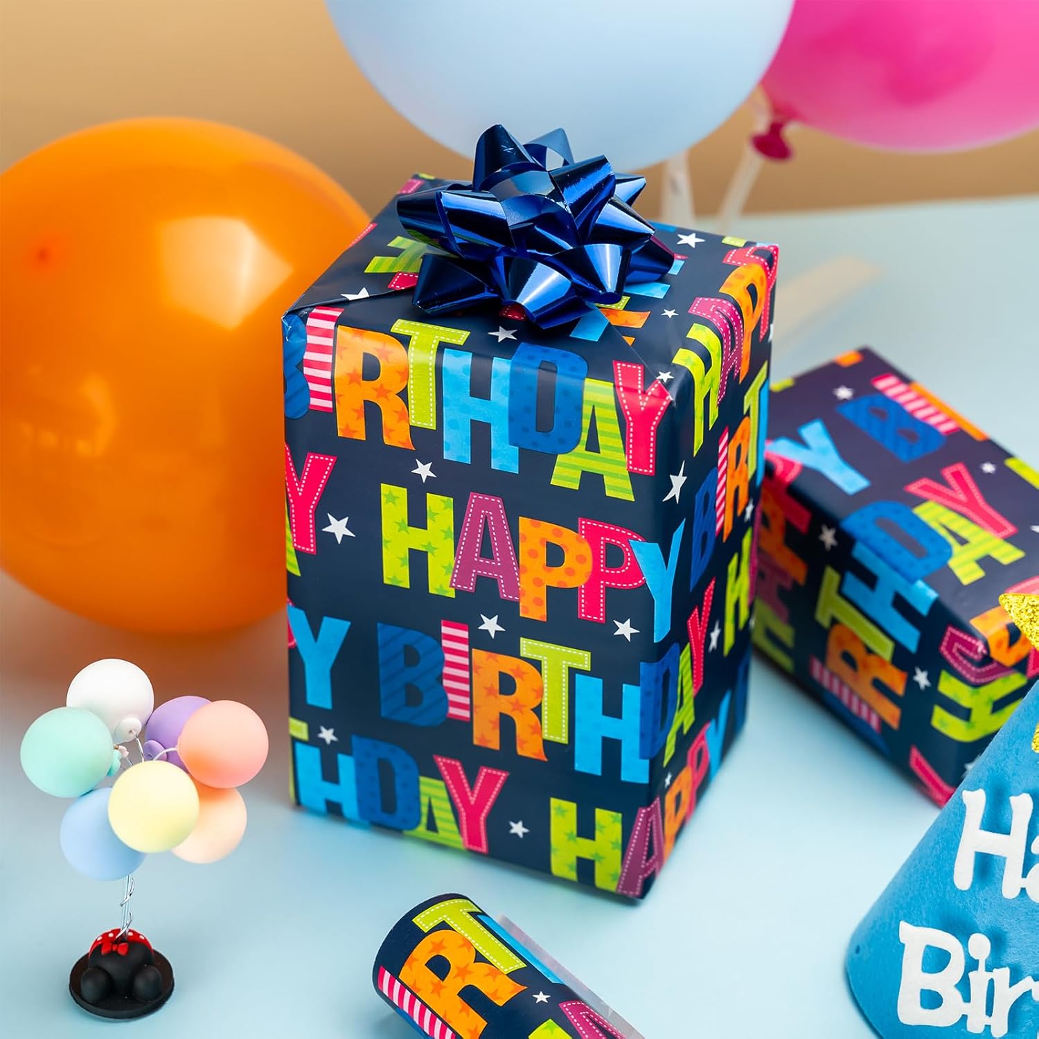 Birthday Wrapping Paper - Mini Roll - 17 Inchx 32.8 Feet - Colorful Happy Lettering On Blue Paper Design Gift Paper Perfect For Boys Girls Birthday,Baby Shower, Party