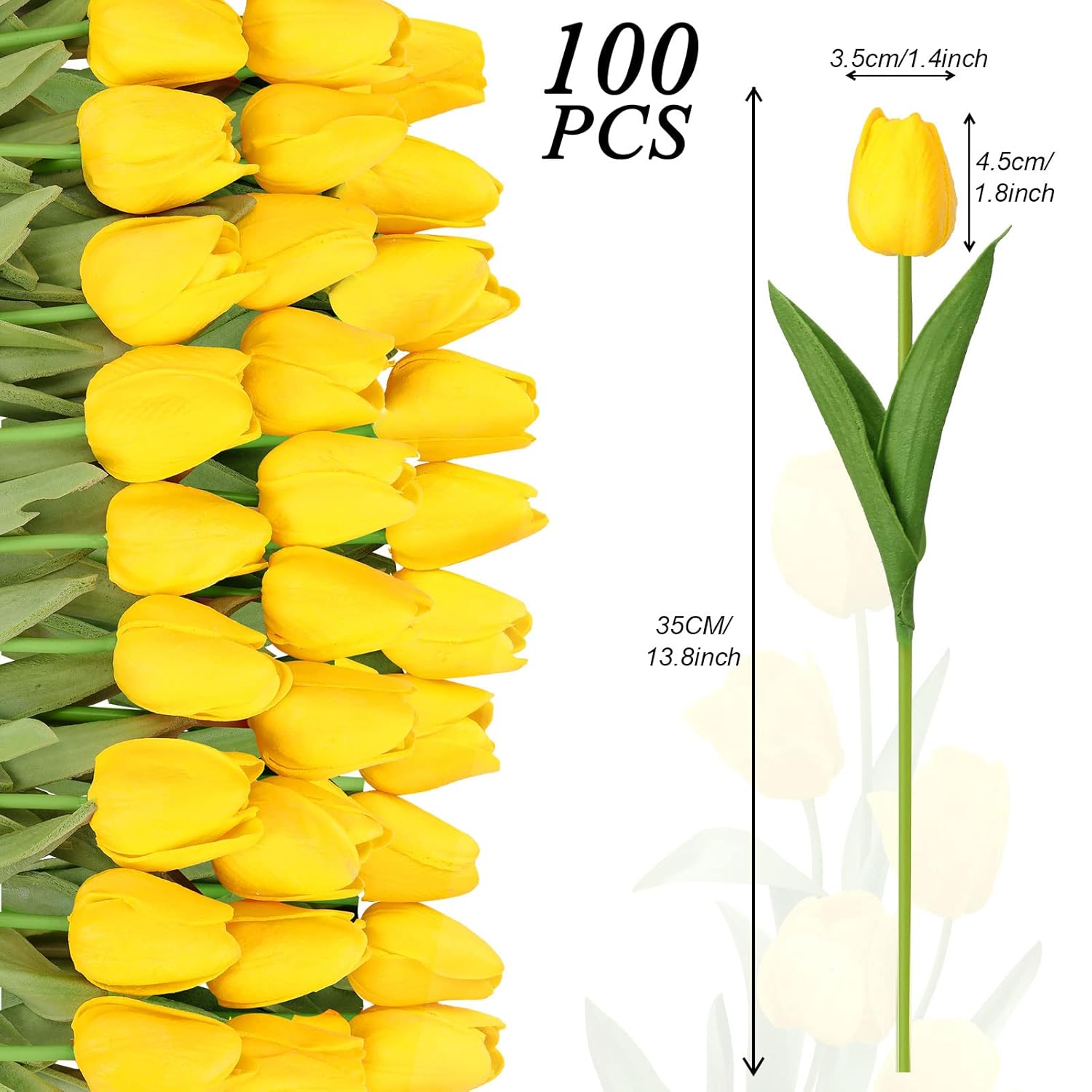 100Pcs Artificial Tulip Flowers Fake Pu Tulips Faux Latex Bouquet Flower Centerpieces Arrangement Floral For Mother Day Wedding Spring Decorations (Yellow)