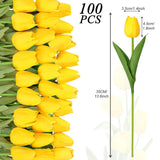 100Pcs Artificial Tulip Flowers Fake Pu Tulips Faux Latex Bouquet Flower Centerpieces Arrangement Floral For Mother Day Wedding Spring Decorations (Yellow)