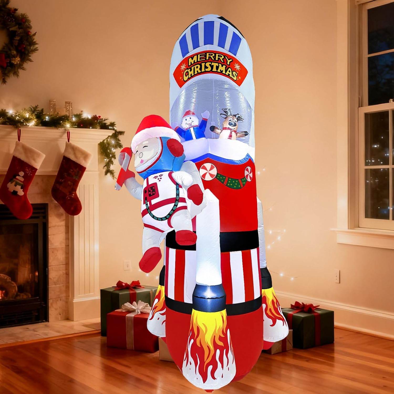 8Ft Christmas Inflatables Christmas Decorations Outdoor, Blow Up Santa Claus Snowman Reindeer Rocket Yard Decoration Bui