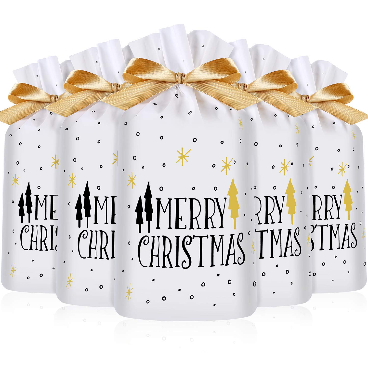 30 Pack Treat Bags With Drawstring, Merry Christmas Tree Print Plastic Candy Bags Drawstring Cookie Sack For Christmas Wedding Party Birthday Engagement Holiday Favor