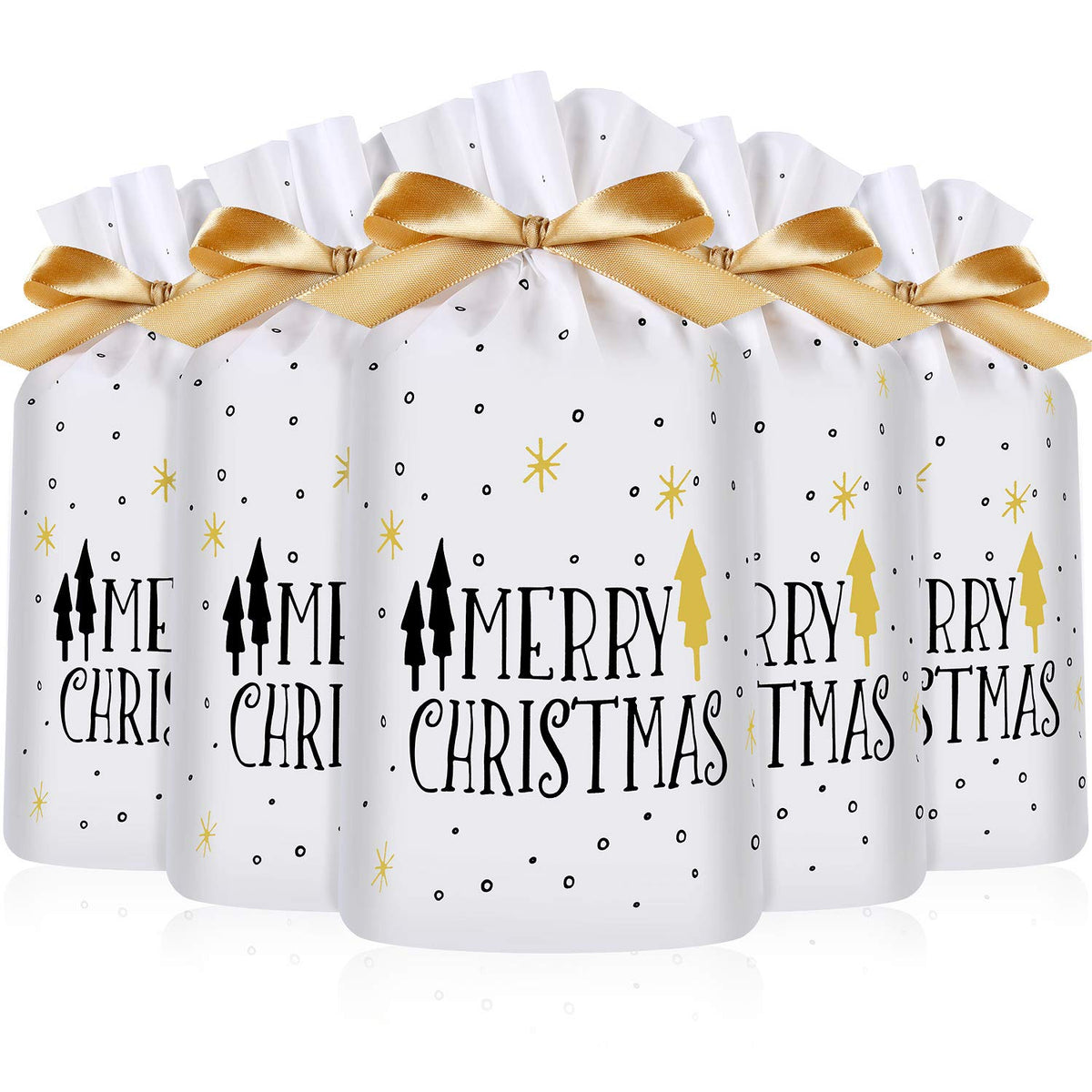 30 Pack Treat Bags With Drawstring, Merry Christmas Tree Print Plastic Candy Bags Drawstring Cookie Sack For Christmas Wedding Party Birthday Engagement Holiday Favor