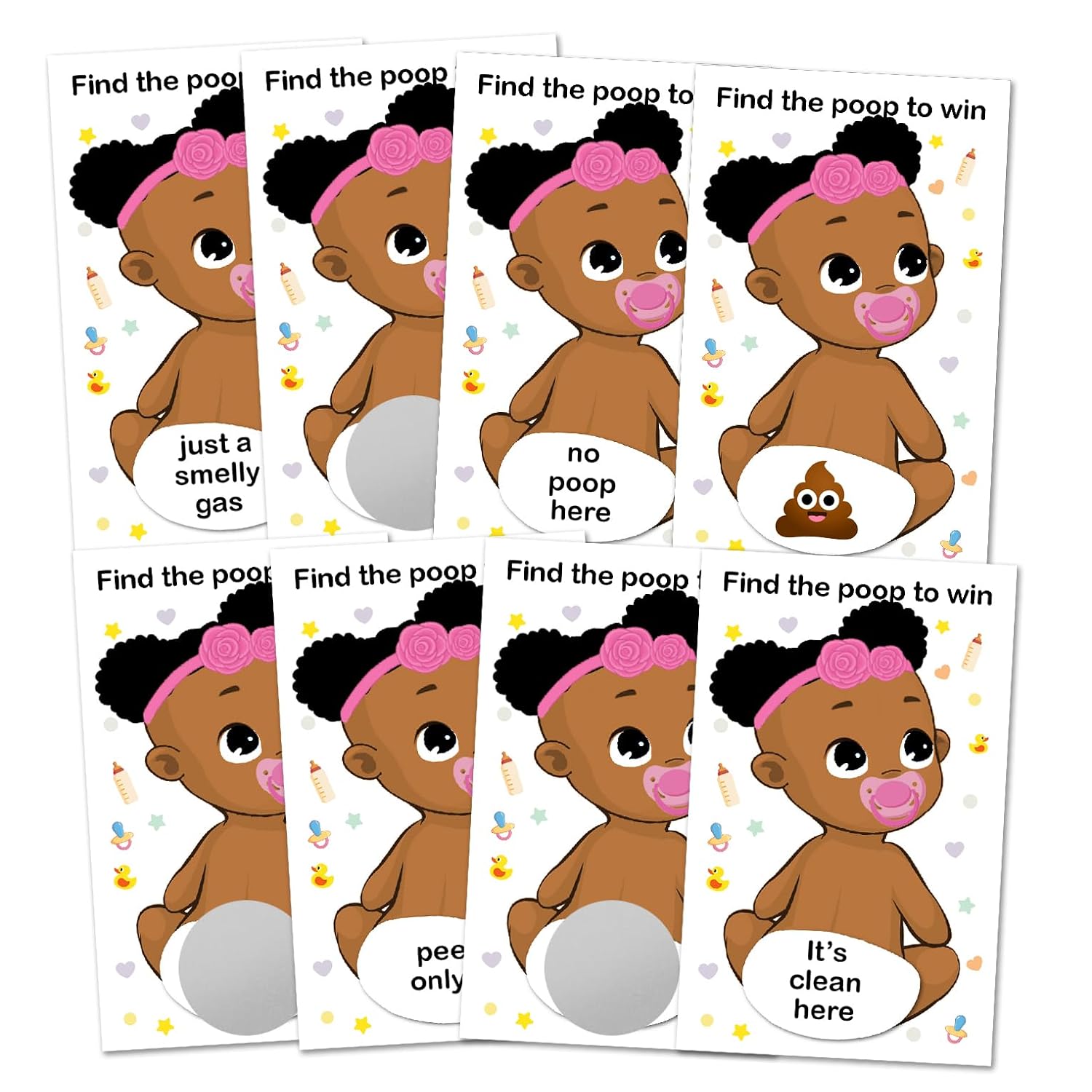 Baby Shower Girl Scratch Off Poop Game, Easy To Play Silly Games, Funny Idea, Ice Breaker Activity. Raffle Cards, Pink Pacifier, African American, Set Of 40 Cards Made In Usa