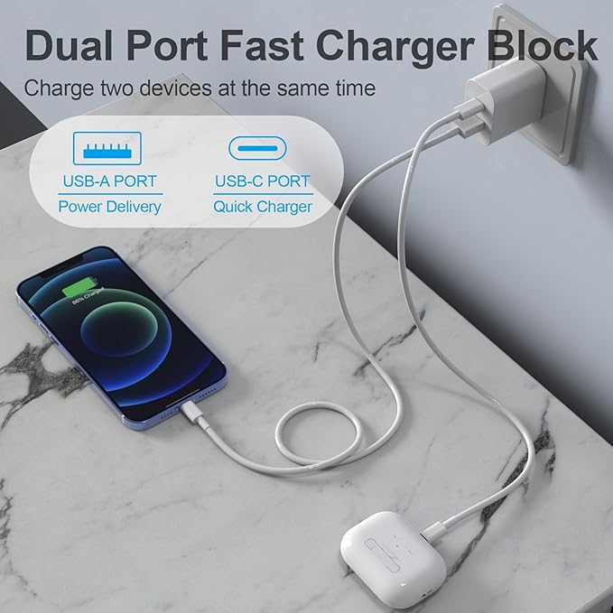 2 Pack 20W Dual Port Fast Charger with 6FT and 10FT Lightning Cables for iPhone iPad