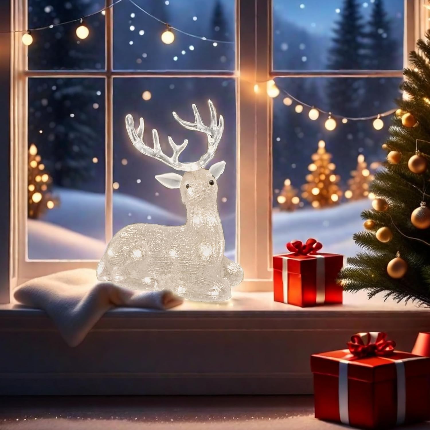 Ykl-1016, 21.5Cm With Acrylic Figure Light Up Reindeer Lighting, 20 Warm White Leds, 6H Timer Dual Power Supply Usb Or B