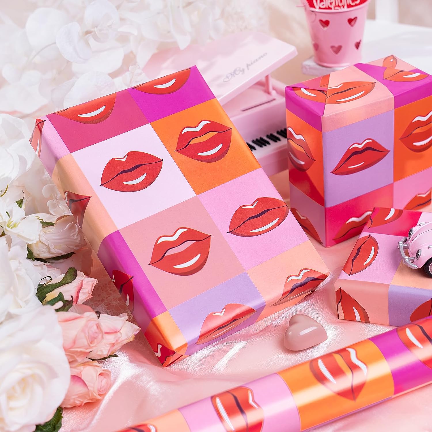 Valentine'S Red Lips Wrapping Paper Roll, Lips With Colorful Checkered Pattern For Valentine'S Day, Wedding, Birthday, Holiday, Party, Bridal Shower, Anniversary - 17 Inches X 32.8 Feet