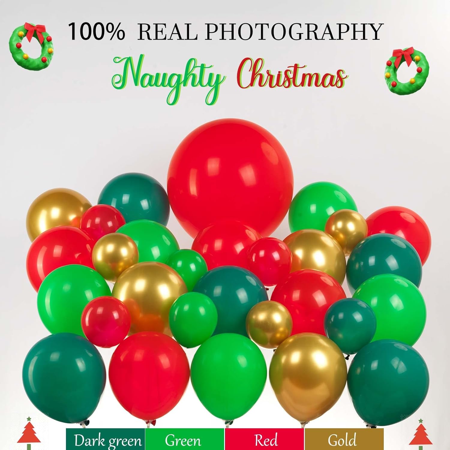 Merry Christmas Dark Green, Red, Chrome & Gold Balloon Garland Arch Kit - 129Pcs With Christmas Tree, Santa, Candy Cane, Star Mylar Balloons For Winter, New Year'S Eve Decoration