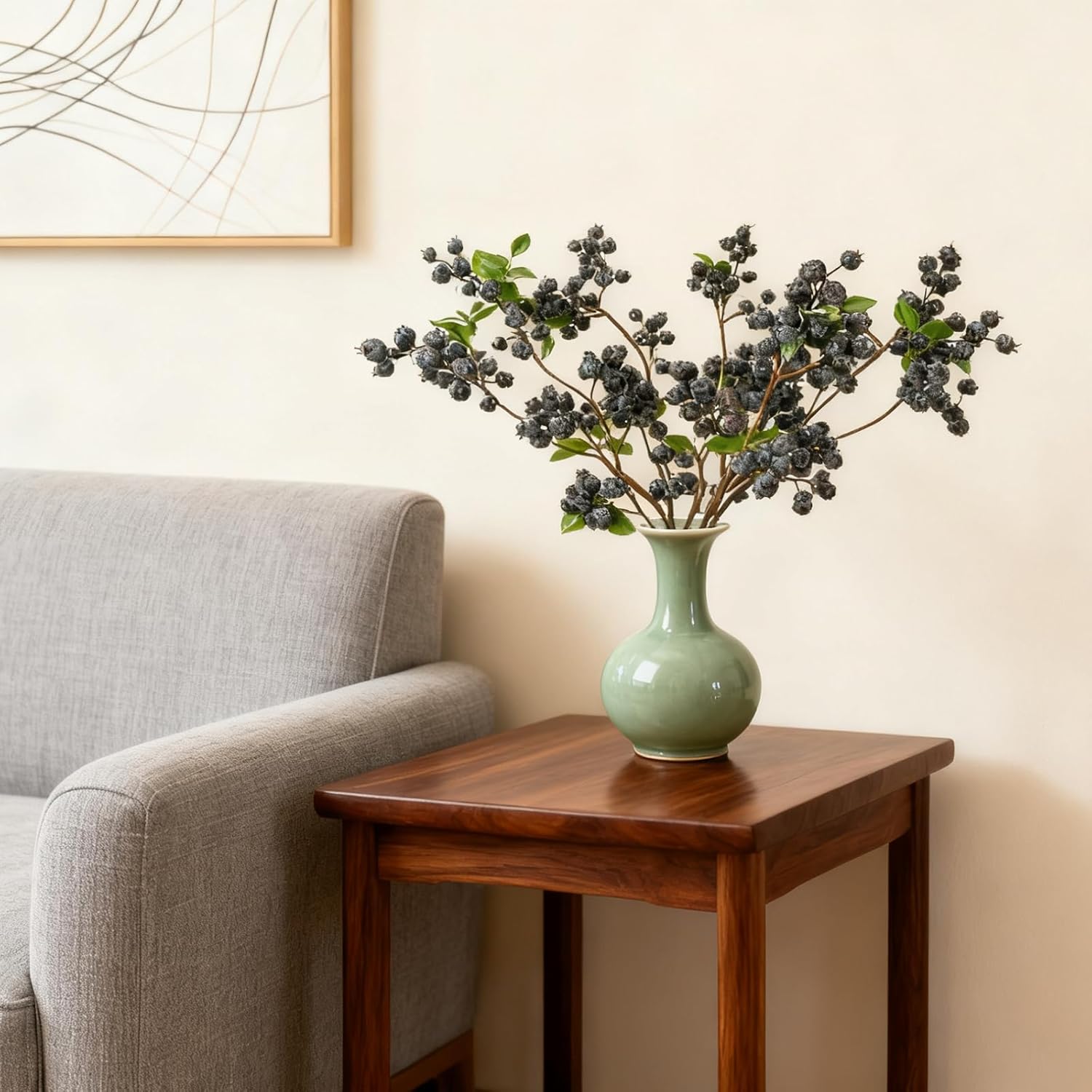 4 Pcs 22Inch Artificial Blueberries Stem With Green Leaves, Artificial Stems Blueberry Picks Fruit Fake Silk Flowers For Centerpieces Farmhouse Holiday Party Wedding Decor (Blue)