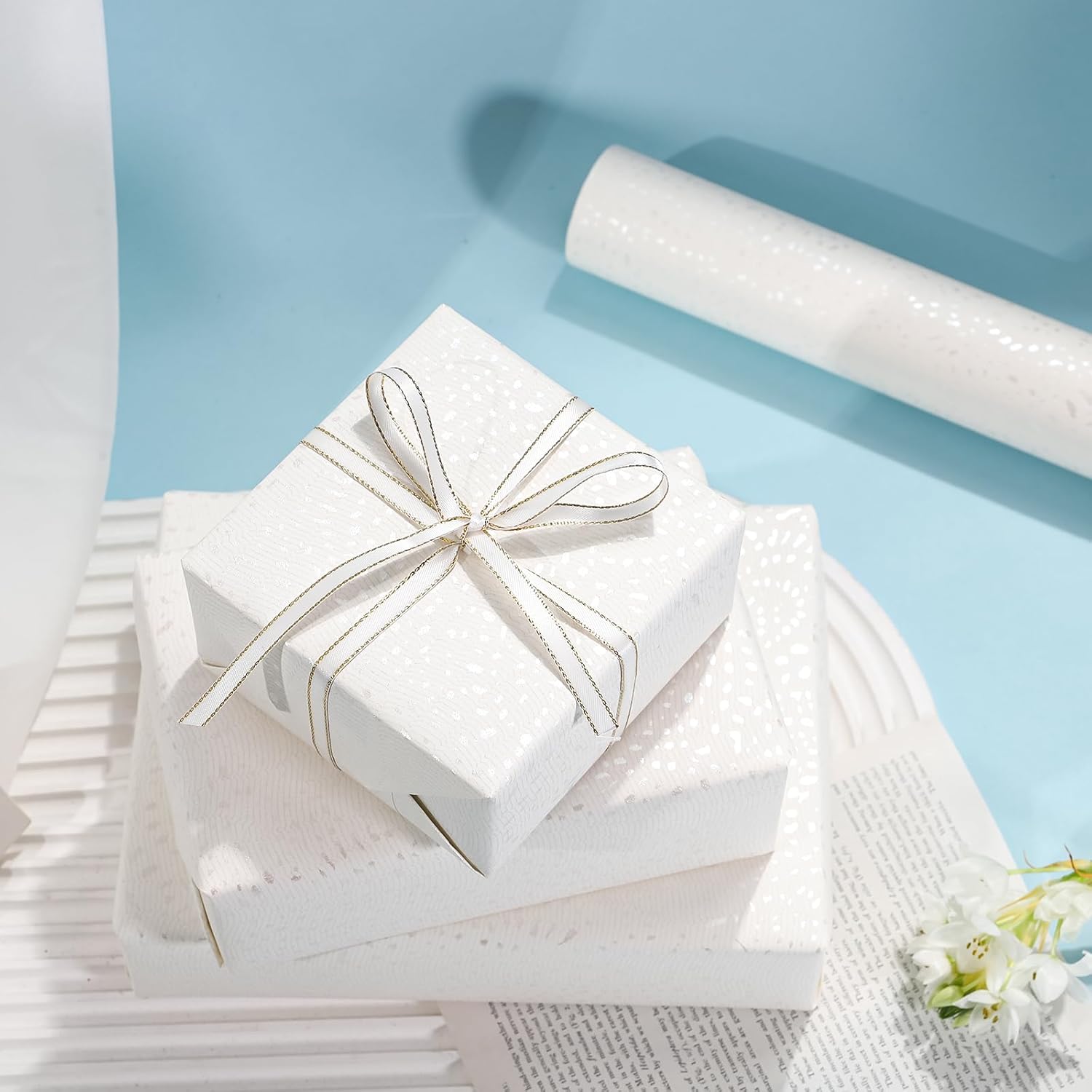 White Wrapping Paper Roll - Mini Roll - 17 Inch X 16.5 Feet - White With Silver Design Perfect For Birthday, Holiday, Wedding, Baby Shower