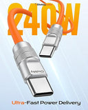 120W USB A to USB C Fast Charging Silicone Cable 3.3FT Orange