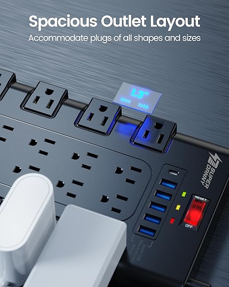 Surge Protector Power Strip 22 Outlets 6 USB Ports 2100J 6.5FT Flat Plug Extension Cord Black