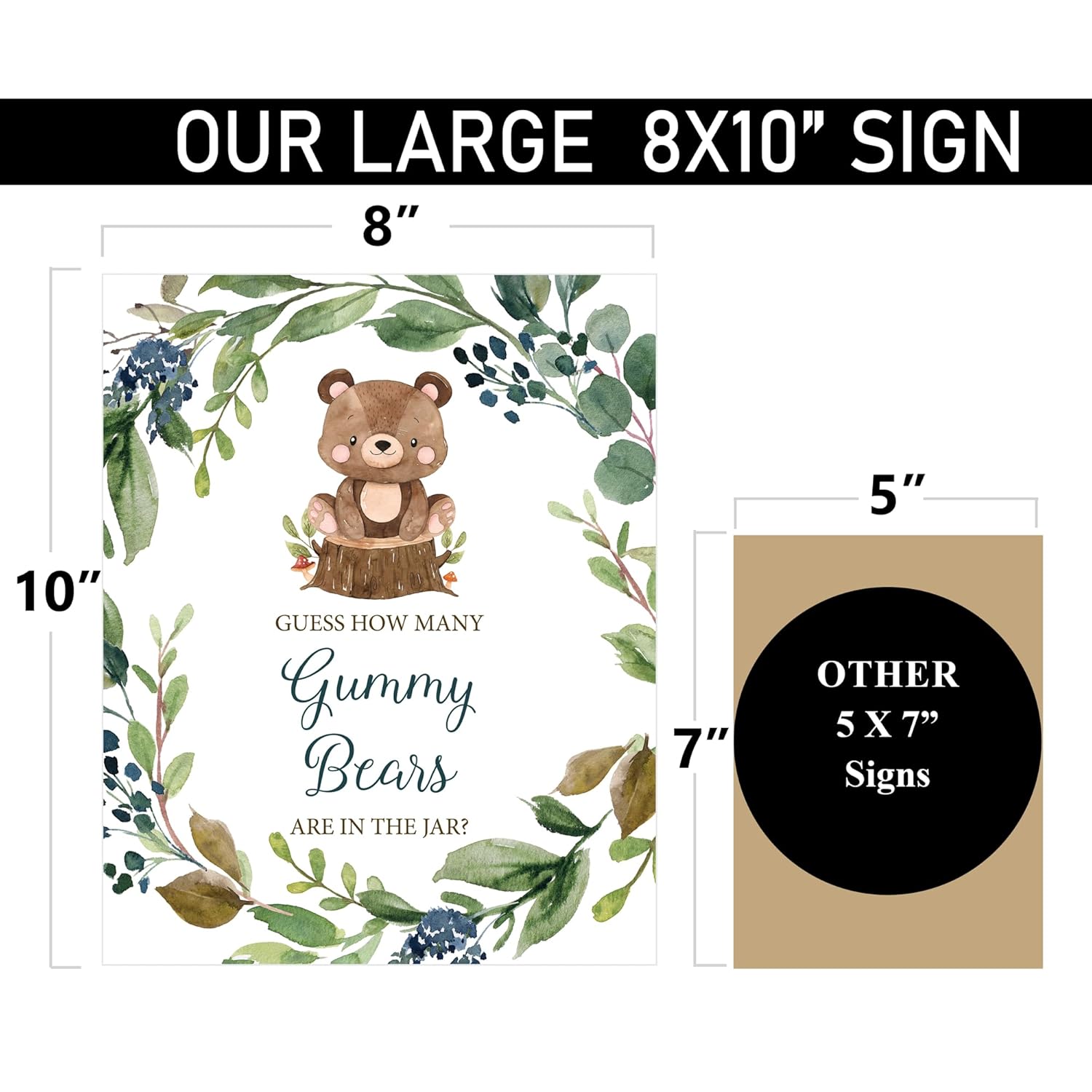 How Many Gummy Bears - Self Standing Sign - 50 Guess Cards - Greenery Woodland Baby Shower Birthday Party