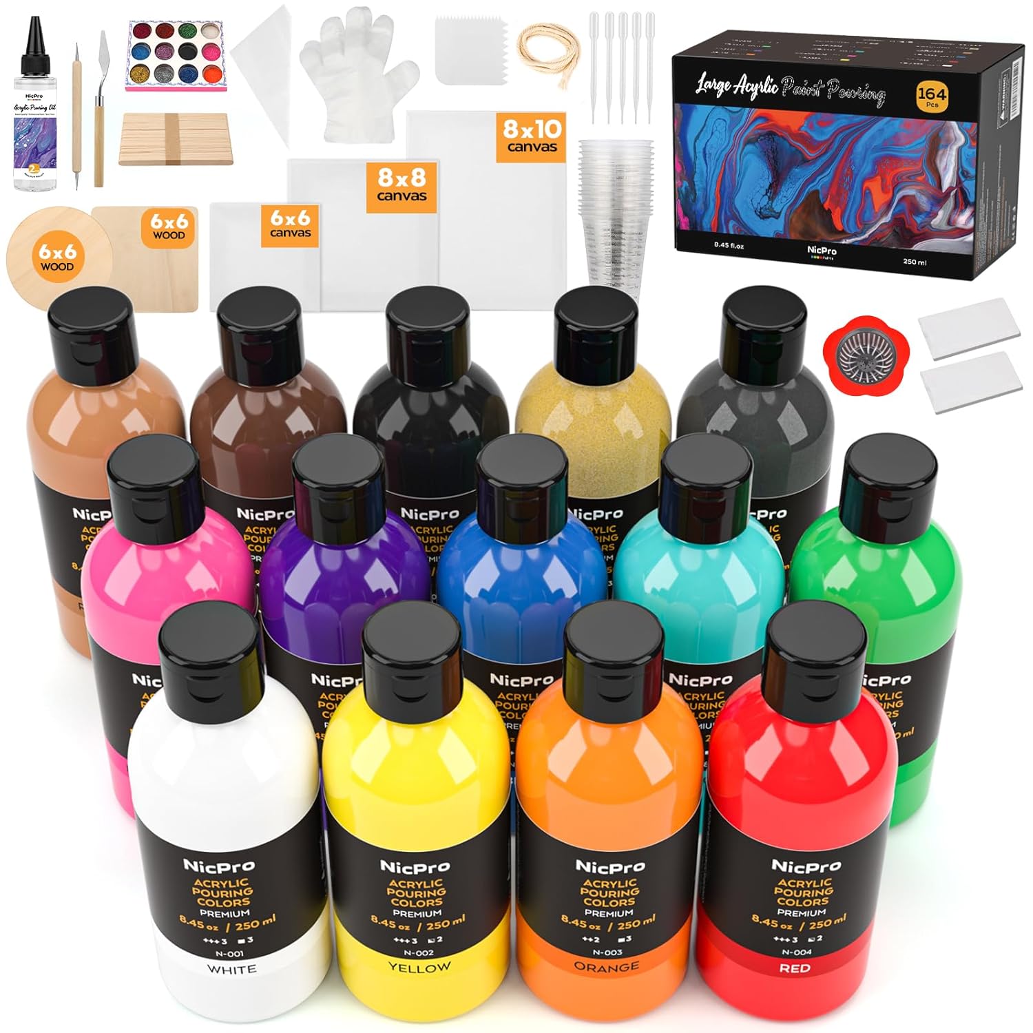 14 Colors 8.45Oz Acrylic Pour Paint Supplies Kit, Large Volume Premixed High Flow Painting Bulk Set With Canvas, Wood Natural Slices, Pouring Oil, Tools Gloves, Strainer, Cups For Beginner Diy