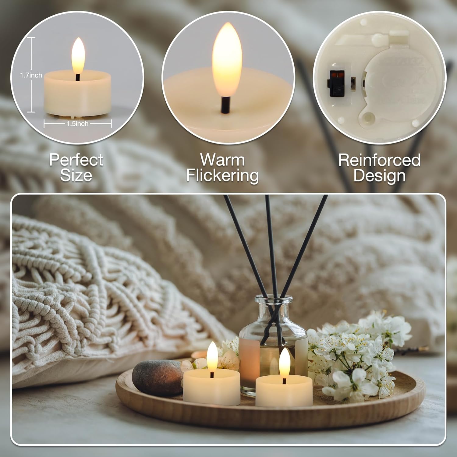 36 Pack Flameless Led Tea Lights, Flickering Realistic Electric Fake Tealights Candles, 3D Wick Battery Operated Tea Lights Candles For Wedding, Festival, Party, Home Decor
