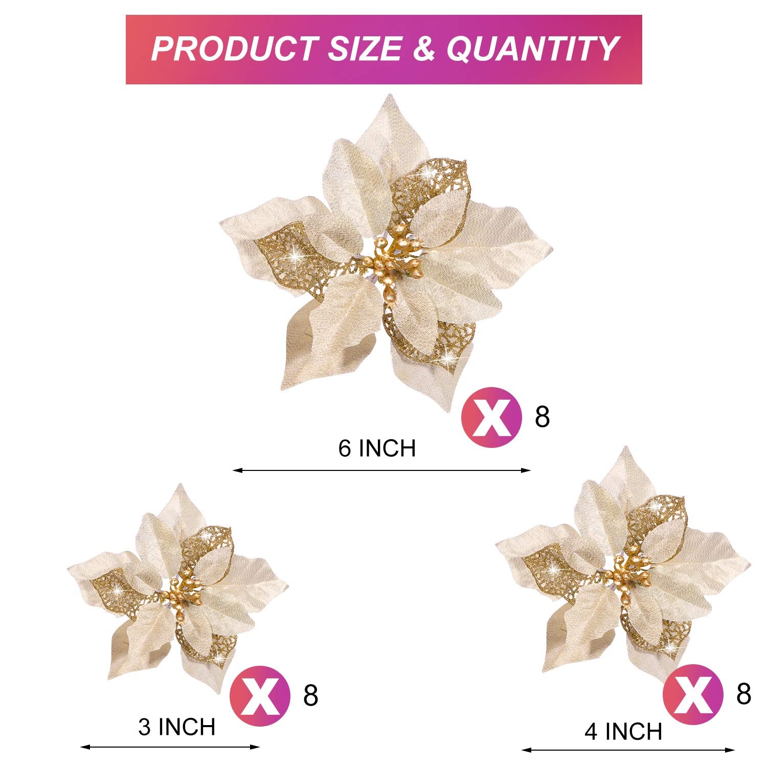 24 Pieces Christmas Artificial Glitter Poinsettia Flowers Xmas Flowers Wedding Christmas Tree New Year Ornaments(Gold)