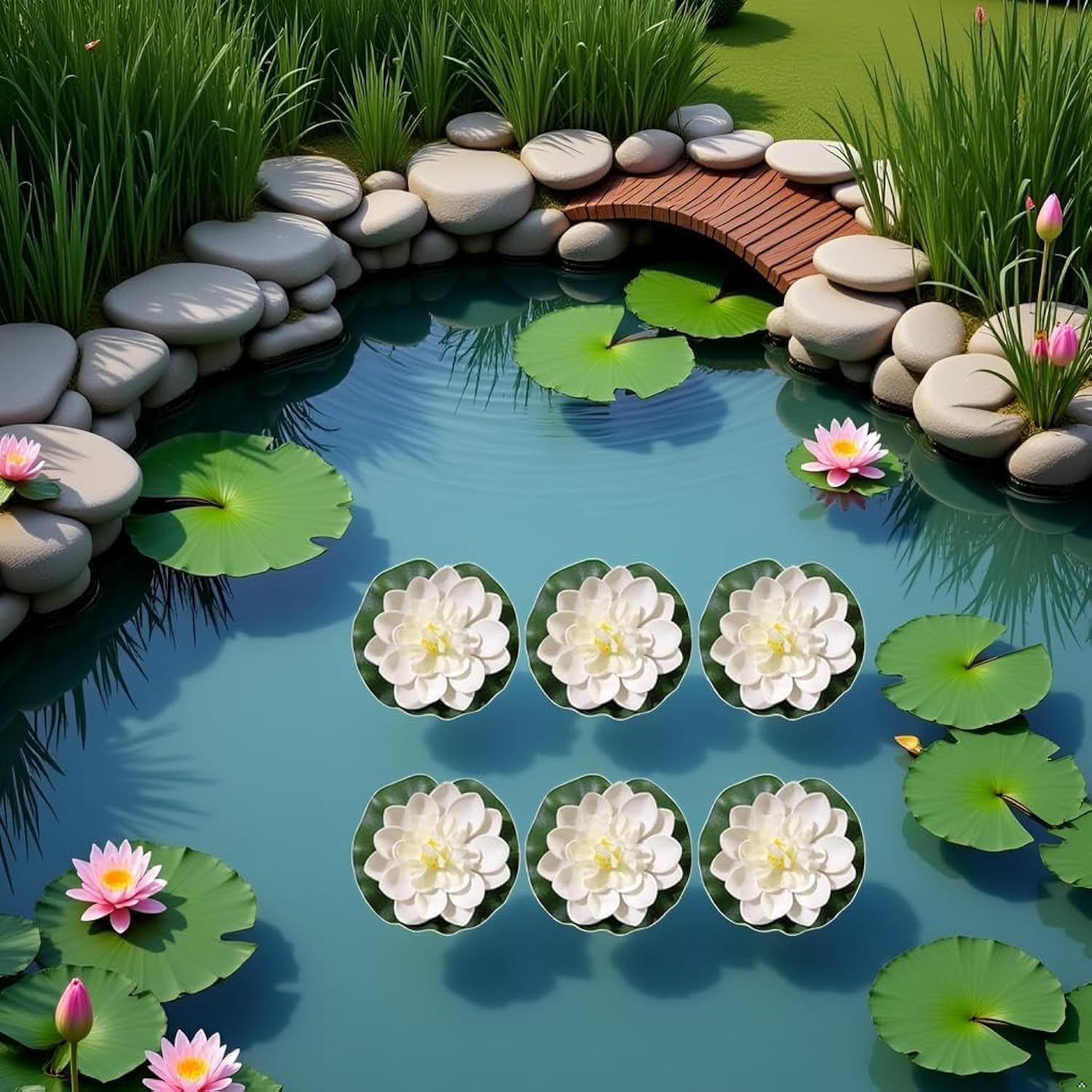 6 Pcs White Artificial Lotus Flowers Large Floating Lotus Flowers Faux Water Lily Fish Pond Artificial Plants With Artificial Lily Pads, Artificial Plants Home Decor