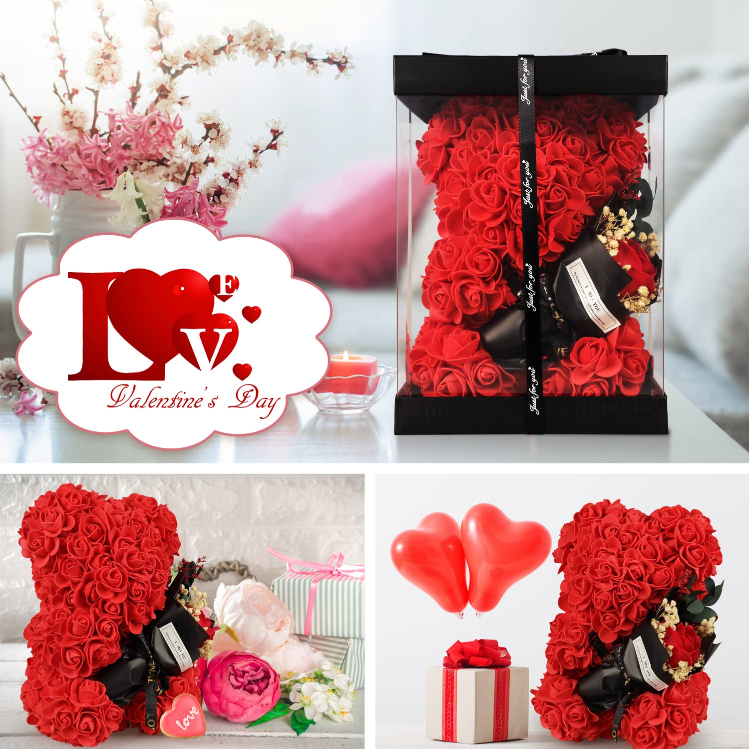 Valentines Day Gifts Rose Bear Gifts For Her, Flowers Gifts For Mom Wife Grandma Girlfriend Sister Women,Artificial Flowers Teddy Bear With Bouquet,Greeting Card,Mother'S Day Birthday Anniversary