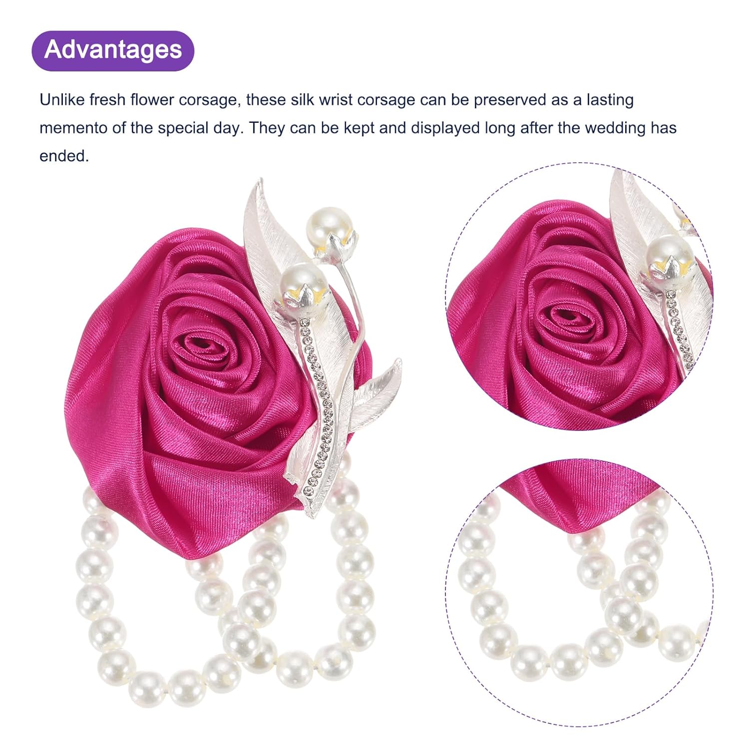 2Pcs Wrist Corsage Artificial Flower With Faux Pearl Bracelets Rose Wrist Bride Groom Decorative For Wedding Ceremony Prom Party Anniversary, 2.4 X 2.8 Inch Rose Red