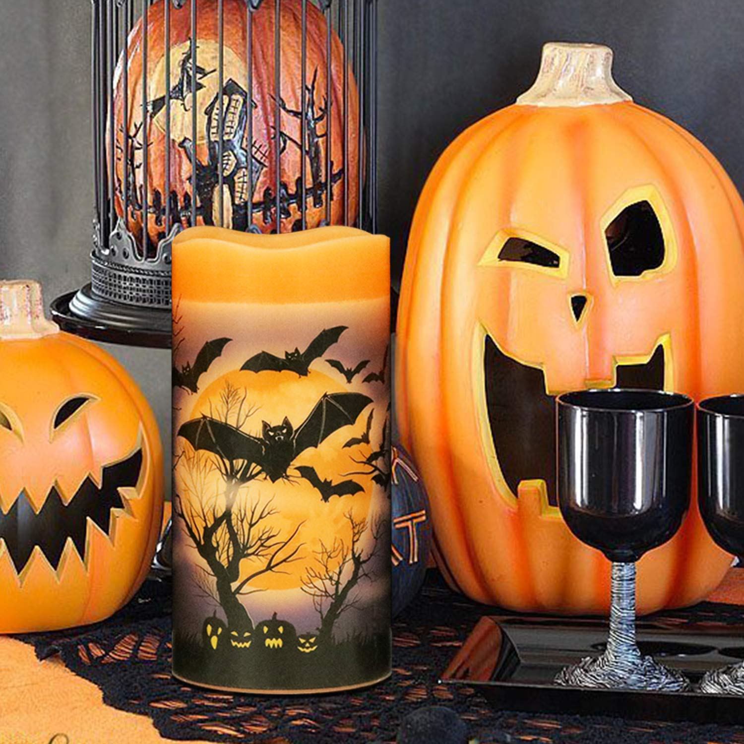 Halloween Flameless Flickering Led Candles With 6-Hour Timer, Battery Operated Wax Candles Assorted Decals Witch, Bats, Castle Set Of 3 For Decoration