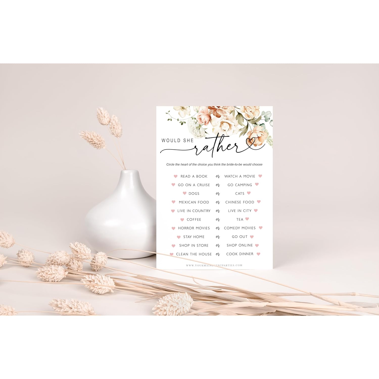 50 Pack Of Bridal Shower Games, Honey-Do-List And Would She Rather Floral Modern Minimalistic Design.