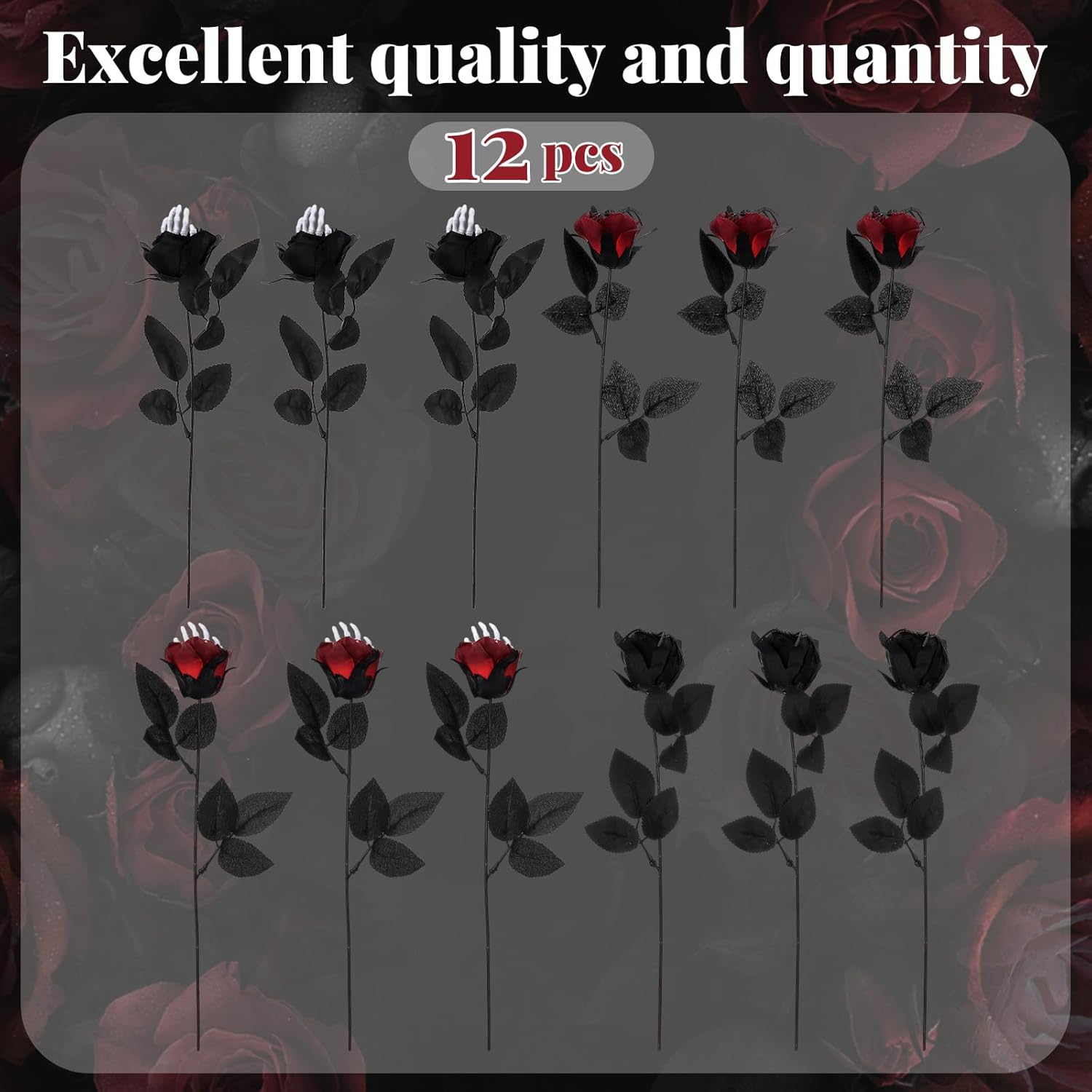12 Pcs Halloween Artificial Roses Bouquet Long Stem Faux Red And Black Roses Bundles Fake Flowers With Skeleton Spider Halloween Floral Picks For Vase Arrangements Table Decorations