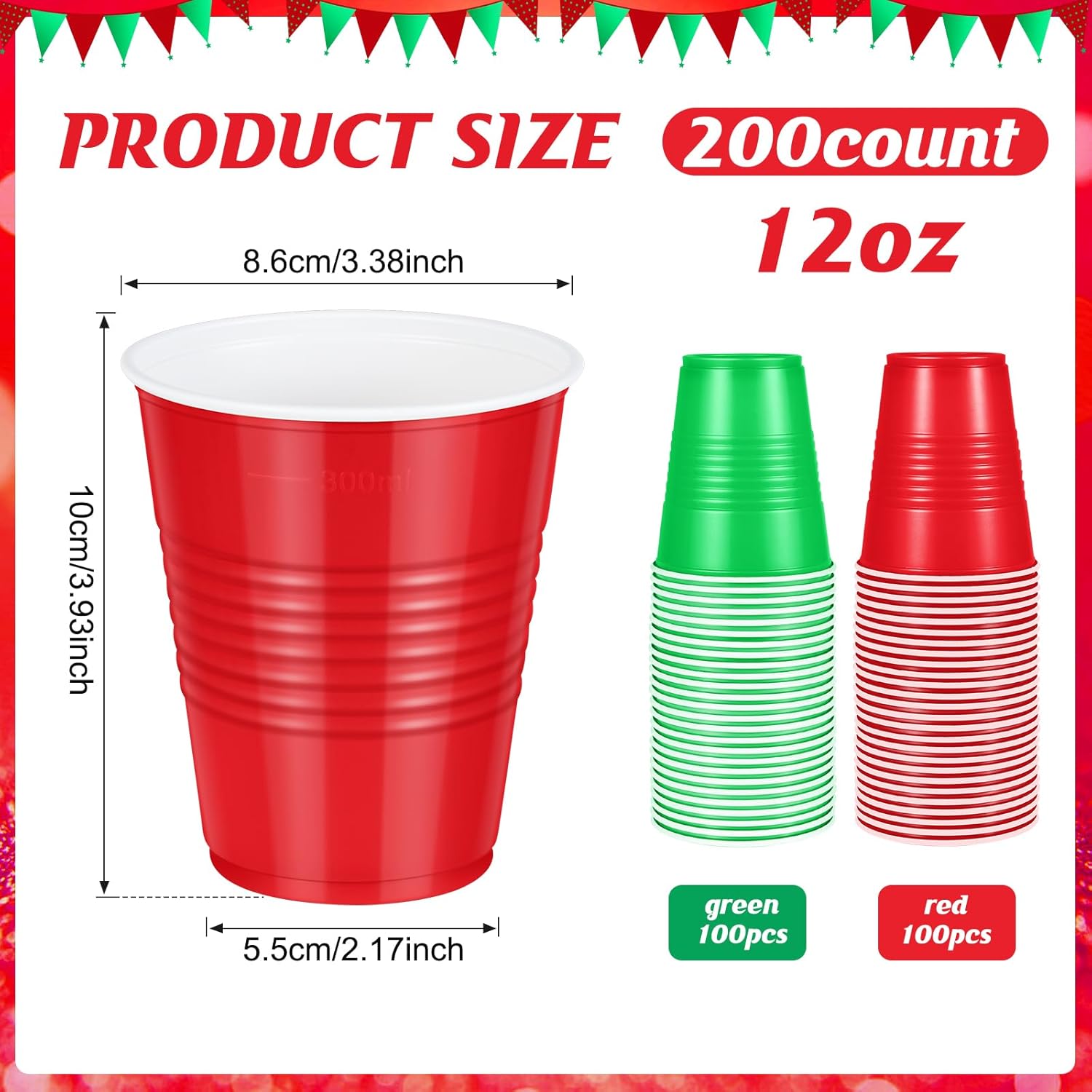 200 Pcs Red And Green Christmas Plastic Cups 12 Oz, Bulk Green And Red Disposable Xmas Party Cups For Merry Christmas Holiday Wedding Birthday Theme Party Supplies Decorations