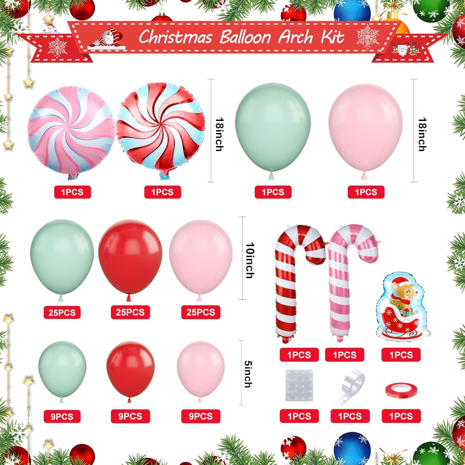 Christmas Balloons Arch, Pink Green Red Christmas Balloons, 5 10 18 Inch Pink Green Christmas Balloon Garland Kit, Christmas Party Balloons With Candy Cane Sled Foil Balloons For Christmas Party