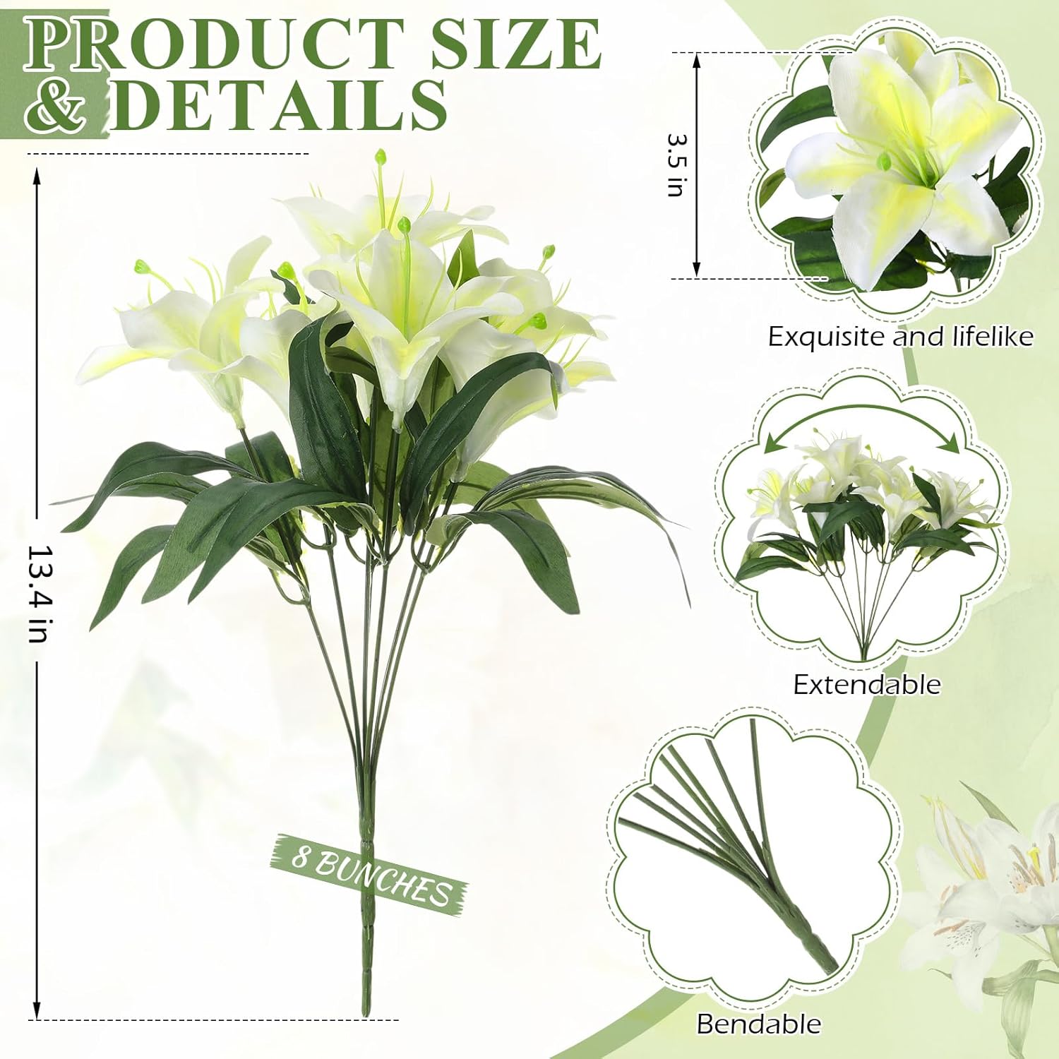 8Pcs Artificial Lily Bouquets Easter Faux Tiger Lilies Fake Spring Flowers With 7 Heads Full Bloom Flowers For Wedding Home Hotel Floral Arrangement Party Decor(Yellow)