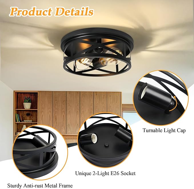 2 Pack Farmhouse Black Flush Mount Ceiling Lights Modern 2 Light Ceiling Fixtures