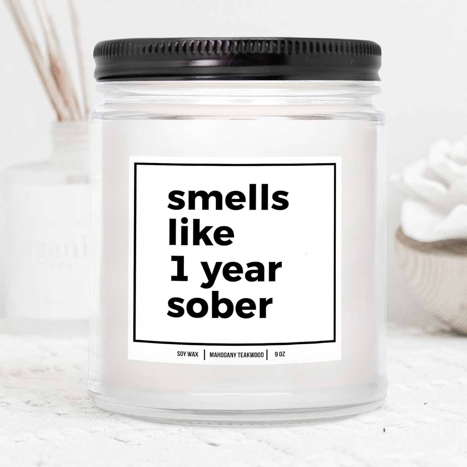 You Nique Designs Smells Like 1 Year Sober Candle - Cool Sobriety Gifts For Men, Women, Sober Surprise For Men, Women, Sobriety Anniversary Candle, 1 Year Sobriety Gifts (Mahogany Teakwood)