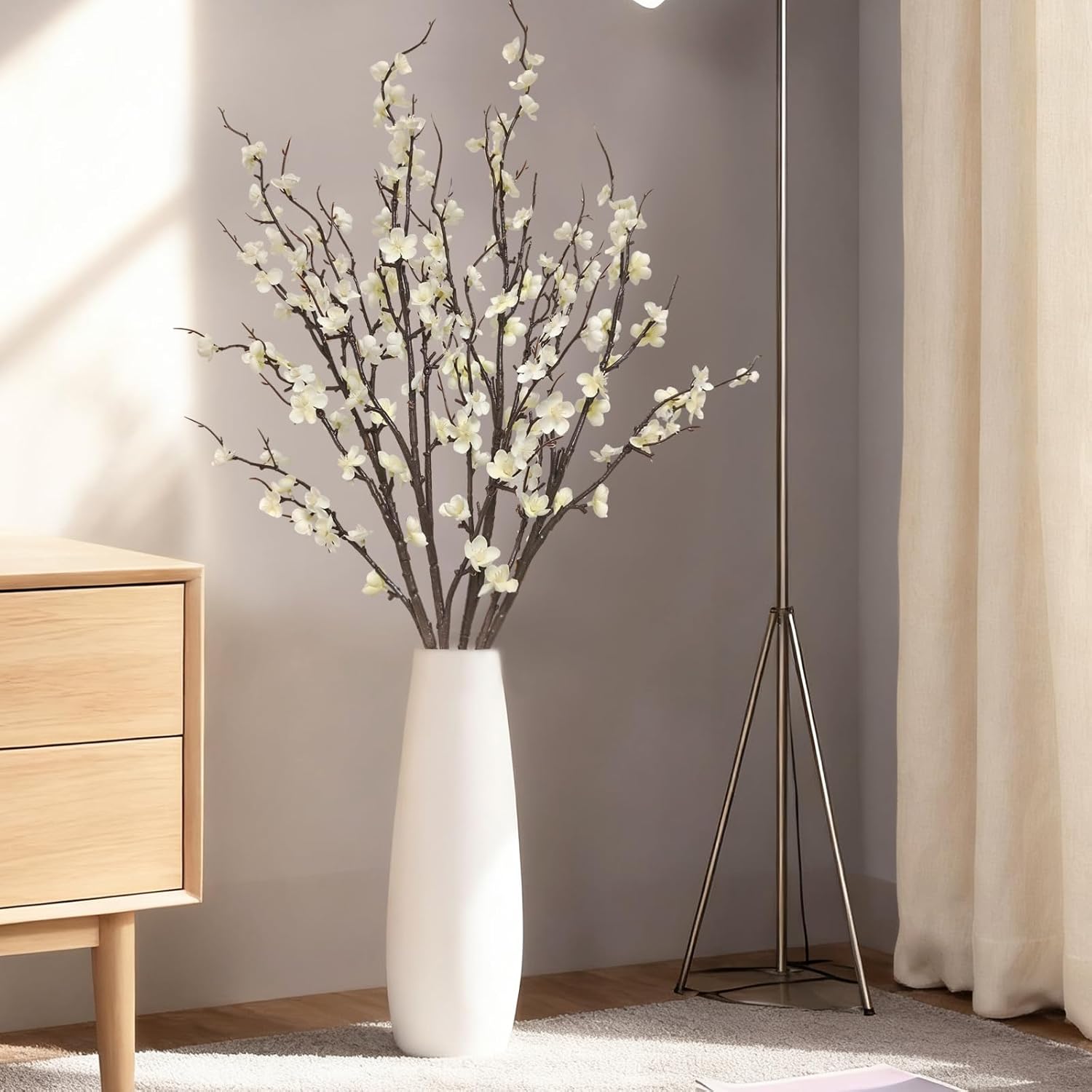 4 Pcs Cherry Blossom Branches 39 Inch White Fake Flowers Spring Decorations For Home Decor, Artificial Flowers Long Stem Branches For Vase Wedding Office Party Table Decor Centerpieces
