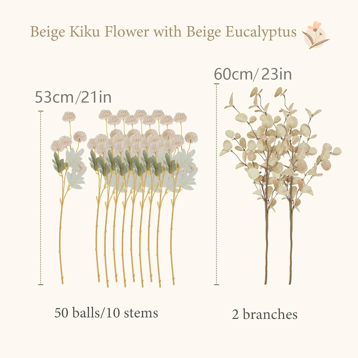 10Pcs Begie Fake Flowers For Vase,50 Heads Faux Silk Mums With Eucalyptus,Artificial Flowers With Long Stem,Chrysanthemums For Wedding Centerpieces Floral Arrangements Vase Fillers Home Decor