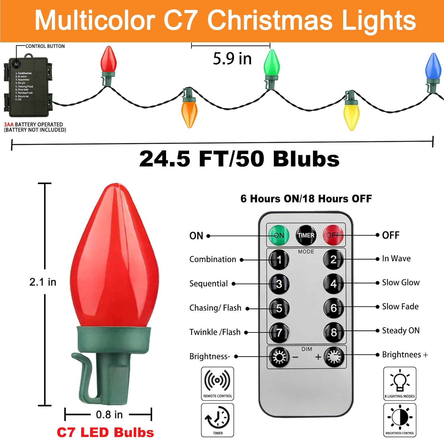 50 Led C7 Christmas Lights,24Ft C7 Christmas Lights Battery Operated String Lights Remote Timer 8 Lighting Modes For Ind