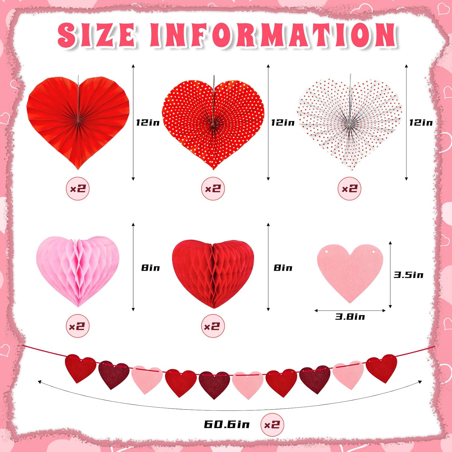 Valentines Day Decorations Set - 12 Pcs Heart Paper Fans, Honeycomb Hearts & 2 Packs 60.6In Felt Heart Garland - Valentines Day Decor For Home Office, Galentines Day Backdrop Party Supplies