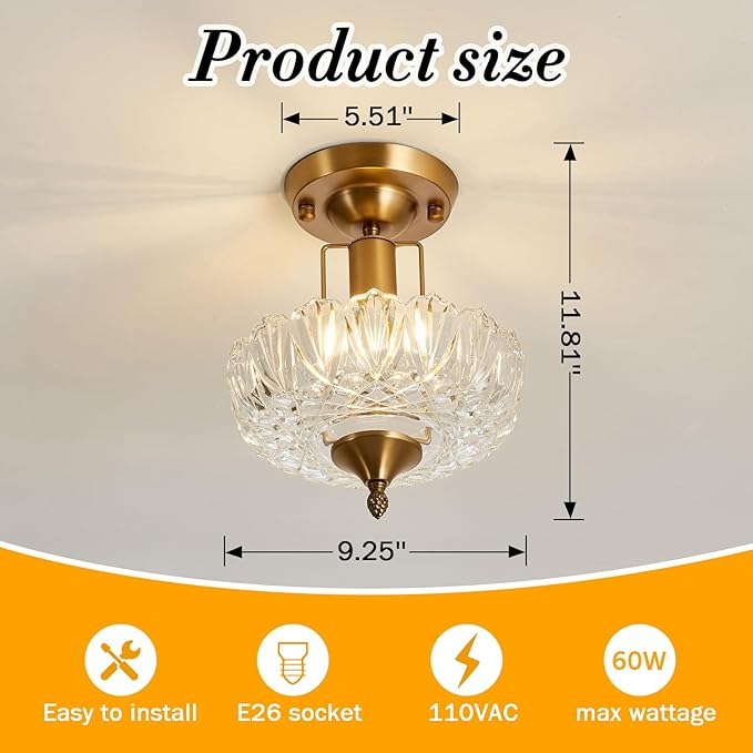 Vintage Gold Semi Flush Mount Ceiling Light Clear Glass Farmhouse Chandelier Fixture