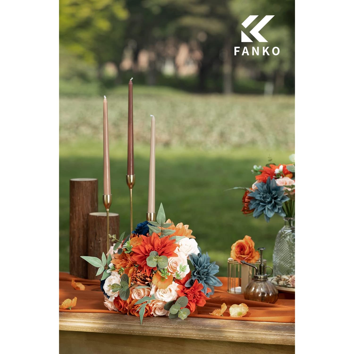 Rose Artificial Flowers Combo For Diy, Fake Burnt Orange & Navy Blue Rose Silk Flowers Greenery, Faux Flowers For Wedding Bridal Bouquet, Table Centerpieces, Floral Arrangement, Home Decoration