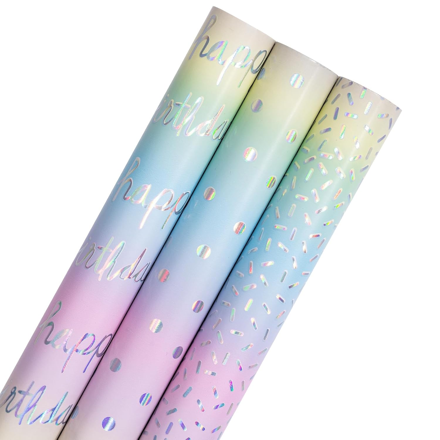 Holographic Birthday Wrapping Paper Roll Set, Iridescent Shiny Rainbow Foil Gift Wrap With Dots, Confetti And Happy Birthday Lettering For Kids, Girls, 3 Rolls, 17 Inches X 10 Feet Per Roll