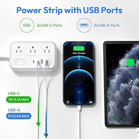 Surge Protector Power Strip 6 Outlets 4 USB Ports 5FT Flat Plug Extension Cord White